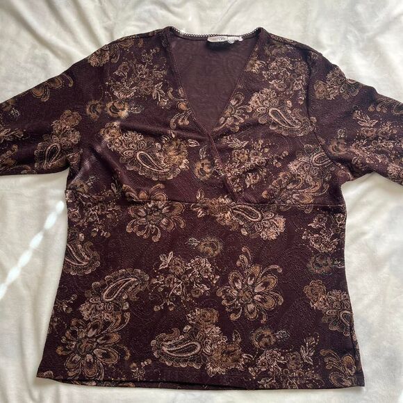 Vintage Y2K whimsygoth fairy indie brown top with glitter paisley floral design - Picture 3 of 7